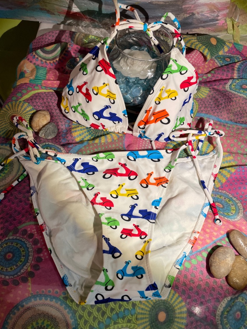 Liouid Girl White Scooter-Print Triangle Bikini Top & Tie-Side Bottoms